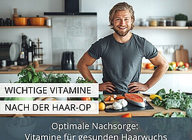 Fröhlicher junger Mann mit vollem Haar, der in einer Küche vor einer Auswahl an gesunden und vitaminreichen Lebensmitteln steht.