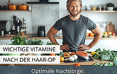 Fröhlicher junger Mann mit vollem Haar, der in einer Küche vor einer Auswahl an gesunden und vitaminreichen Lebensmitteln steht.