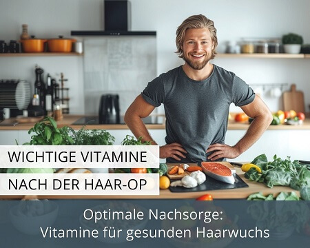 Fröhlicher junger Mann mit vollem Haar, der in einer Küche vor einer Auswahl an gesunden und vitaminreichen Lebensmitteln steht.